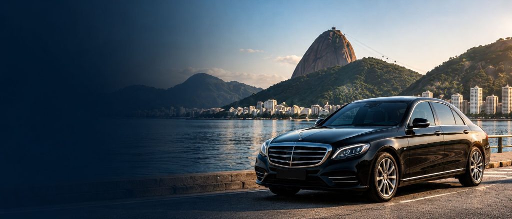 Sedan executivo Mercedes-Benz preto estacionado próximo à Baía de Guanabara, com o Pão de Açúcar ao fundo, no Rio de Janeiro.